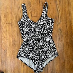 Black and White Floral Ruched Swimsuit